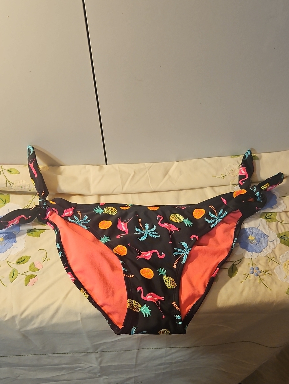 Xhilaration Black Tropical Flamingo Hipster Bikini Bottoms with Coral Lining